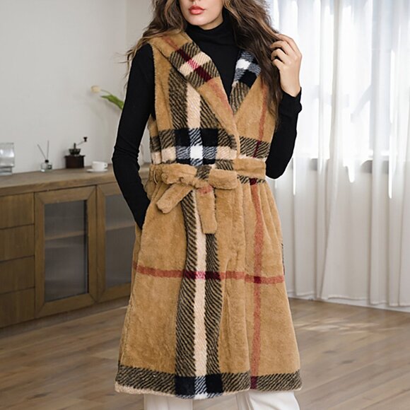 Sleeveless Faux Fur Plaid Pattern Belted Waist Long Vest. - Picture 3 of 3